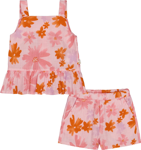Deux par Deux Printed Tank Top and Short Muslin Set with Frills - Little Girl 