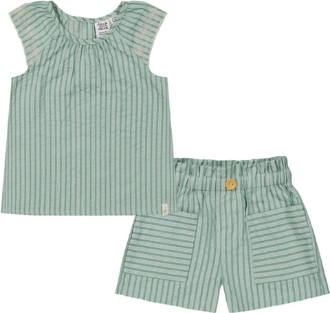 Deux par Deux Mint Green Striped Chambray Blouse and Shorts Set - Baby Girl