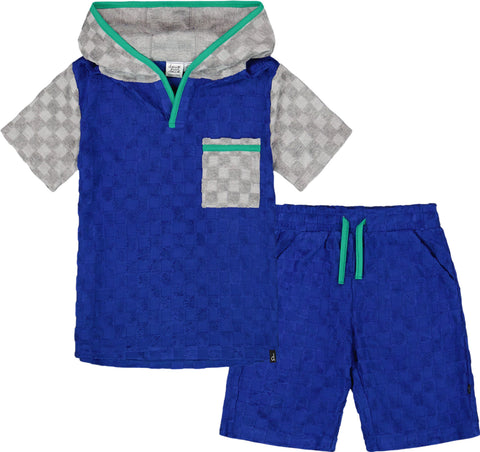 Deux par Deux Printed Hooded Terry Top and Shorts Set - Little Boy