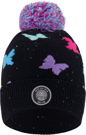 Deux par Deux Black Butterfly Pattern Lined Knit Pompom Hat - Little Girl