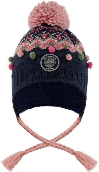 Deux par Deux Navy Blue-Pink Lined Peruvian Knit Pompom Hat - Little Girl