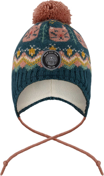 Deux par Deux Green-Pink Lined Peruvian Knit Pompom Hat - Little Girl