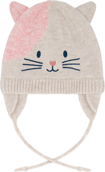 Deux par Deux Off-White-Pink Lined Knit Hat with Ears - Little Girl