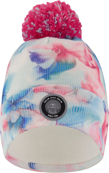 Deux par Deux Blue Flower Print Lined Knit Pompom Hat - Little Girl