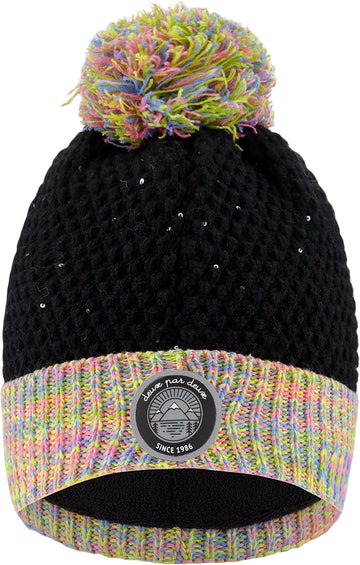 Deux par Deux Black-Multicolor Lined Knit Pompom Hat - Little Girl