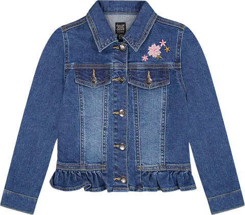 Deux par Deux Denim Jacket with Ruffle Hem and Floral Embroidery - Big Girl