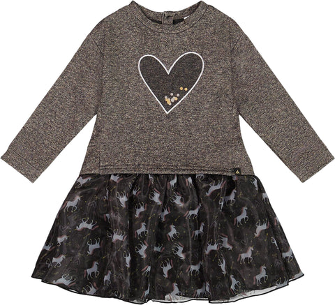 Deux par Deux Heart Bi-Material Dress with Mesh Skirt - Little Girl