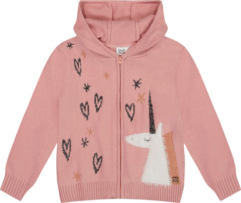 Deux par Deux Hooded Knit Cardigan with Unicorn Intarsia - Big Girl
