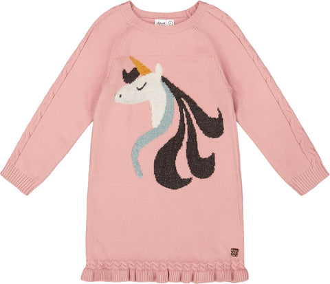 Deux par Deux Knitted Dress with Unicorn Intarsia - Little Girl