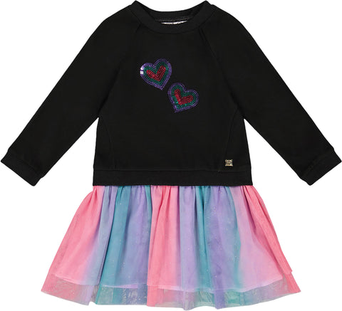 Deux par Deux Black Bi-Material Dress with Mesh Skirt - Little Girl
