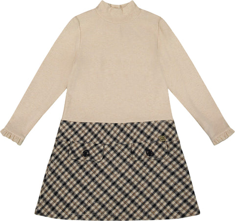 Deux par Deux Long Sleeve Bi-Material Mock Neck Dress - Big Girl