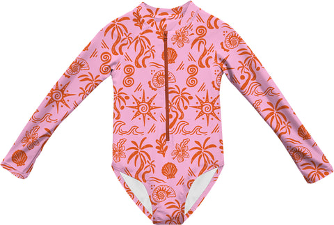 Headster Kids Blush Tides Long Sleeve One Piece Swimsuit - Kids