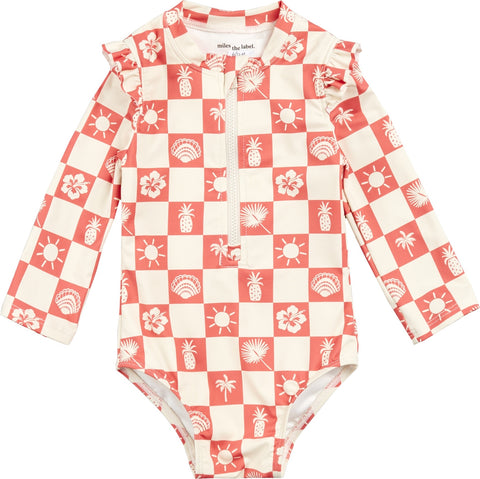 Miles The Label Printed Long Sleeve One Piece Swimsuit - Girls