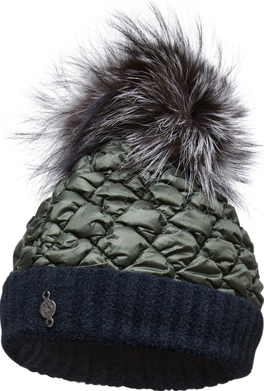 Harricana Puffer Beanie With Knitted Cuff With Upcycled Fur Pom - Women's