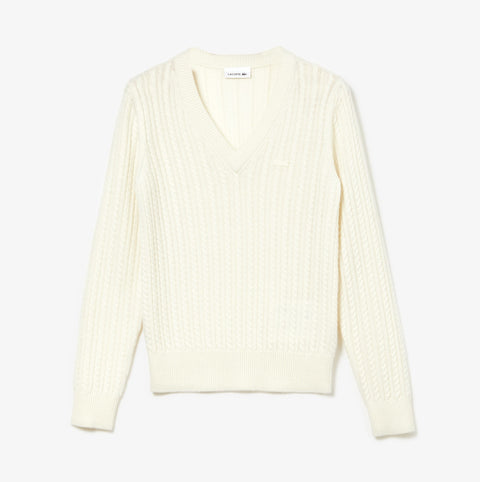 Lacoste V-neck Wool And Cashmere Blend Cable Knit Sweater - Women's