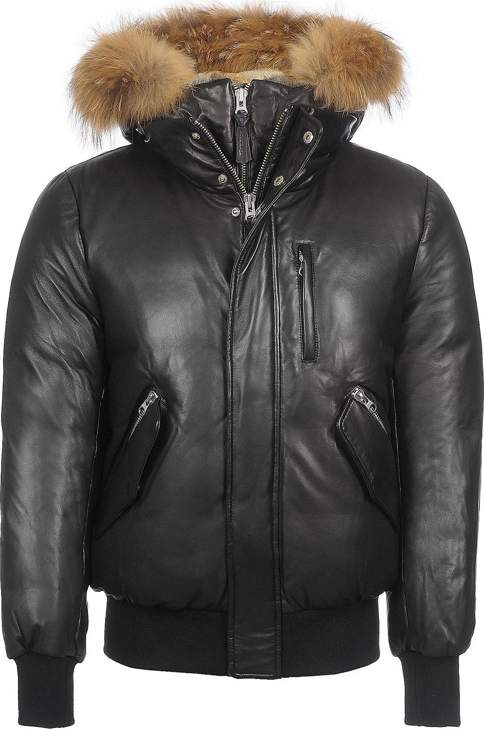 Glen, 2-in-1 (R)Leather bomber jacket with hooded bib & natural fur for men