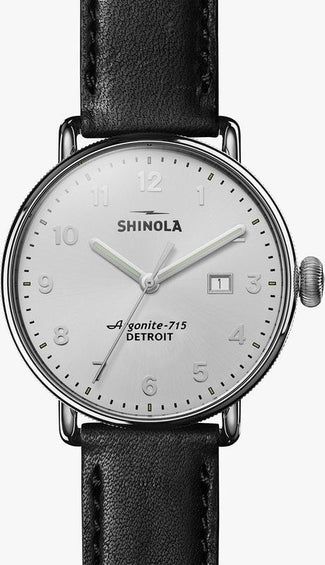 Shinola The Canfield 43mm - Black USA Leather Strap + Silver Dial Watch