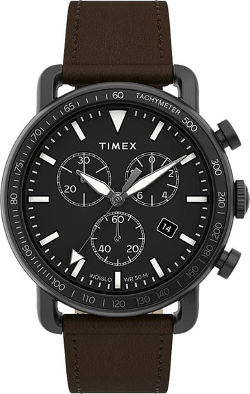 Timex Port Chronograph 42mm Watch -  Leather Strap - Black/Brown