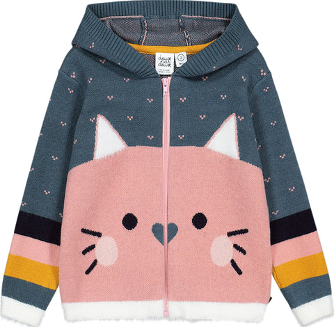 Deux par Deux Cat Face Hooded Full Zip Knitted Sweater - Big Girls