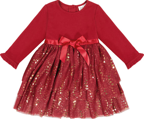 Deux par Deux Bi-Material Long Sleeve Dress with Tulle Skirt - Little Girls