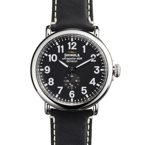 Shinola The Runwell 47mm - Black Leather Strap + Black Dial Watch - Men's